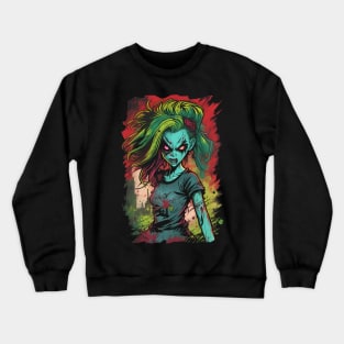 Comic book Anime style evil zombie girl lots of color mix of bright colors horror inspired Crewneck Sweatshirt